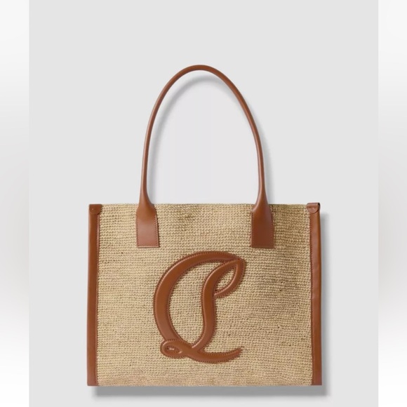 Christian Louboutin Handbags - Christian Louboutin By My Side Women's Beige Raffia Leather Large Logo Tote Bag